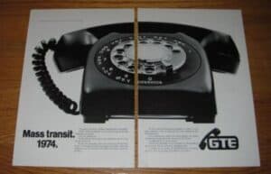 A vintage black rotary dial telephone is shown in a split image with the text "Mass transit. 1974." and the GTE logo below, highlighting how community connections were enjoyed through every call.