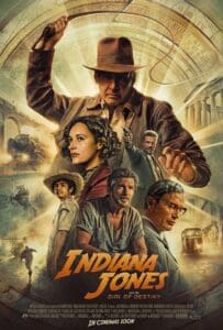 Movie poster for "Indiana Jones and the Dial of Destiny," featuring Indiana Jones and other main characters with an adventurous background that echoes themes of spiritual growth and discovery, with the film title at the bottom.
