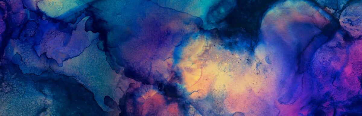 Abstract painting with vibrant blue, teal, purple, and orange watercolor washes blending together in organic, fluid shapes, evoking a sense of community and shared blessings.