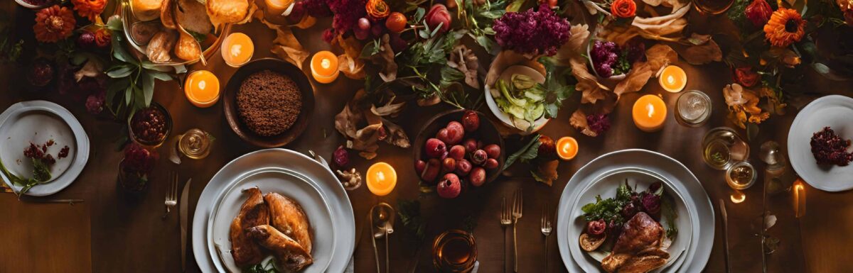 A dinner table set with plates of roasted poultry, fruit, various side dishes, candles, flowers, and autumn leaves—viewed from above—evokes the warmth and abundance reminiscent of Feeding The 5000.