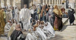 A group of people in robes gathers around a central figure speaking, set in an ancient architectural setting with columns and stone steps. The scene highlights the meaning of speech, as the assembly focuses intently on the orator whose words seem to shape the moment’s significance.