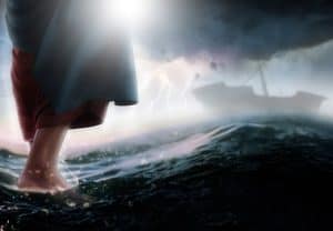 A person walks barefoot on stormy water toward a distant boat under dark clouds and lightning, their journey driven by hidden motives and the search for self-expression.