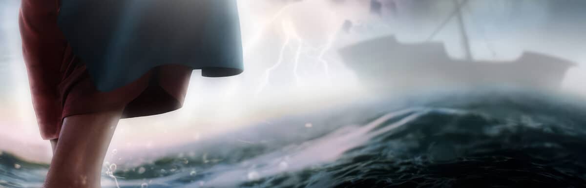 A person in a robe walks barefoot on water during a storm, embodying the miracle to walk on water, with a glowing light above and a boat in the background beneath dark clouds.