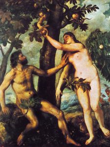 A man and woman, both nude with leaves covering their bodies, stand by a tree. The woman reaches for a fruit handed by a child with wings above. The man sits and looks at her, evoking timeless themes central to Christian Spirituality and its reflection on humanity’s earliest encounters with spiritual disciplines.