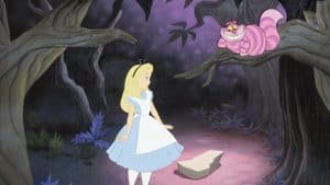 Alice stands in a dark, wooded area looking at the Cheshire Cat, who is grinning while sitting on a tree branch above her. There’s an air of mystery as shadows stretch through the trees, and an odd sense of masculinity seems to emanate from the Cat’s confident pose.