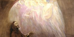 A man in a brown robe gazes upward at a group of glowing, haloed angels playing instruments in a softly lit, ethereal scene, capturing a moment of spiritual growth inspired by the presence of divine beings.